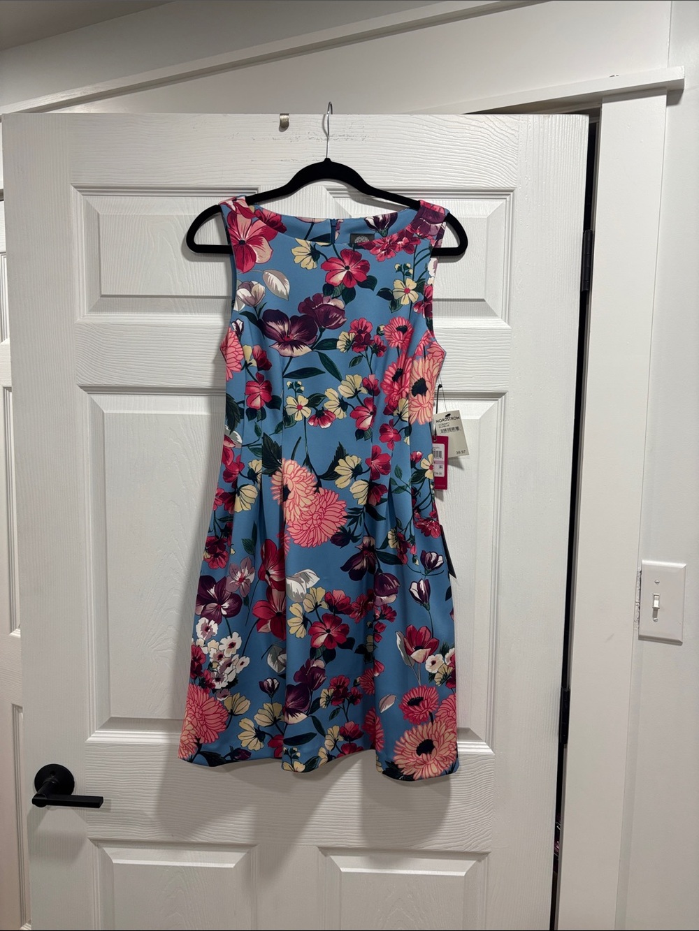 Vince Camuto Bright Blue Floral Dress with Pink & Cream Blooms